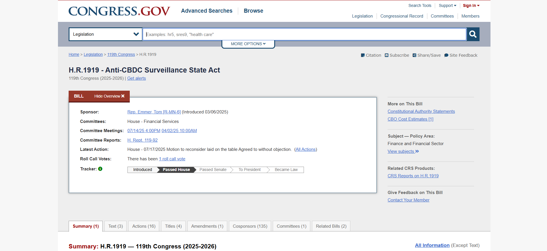 Anti-CBDC Surveillance State Act (H.R. 1919)