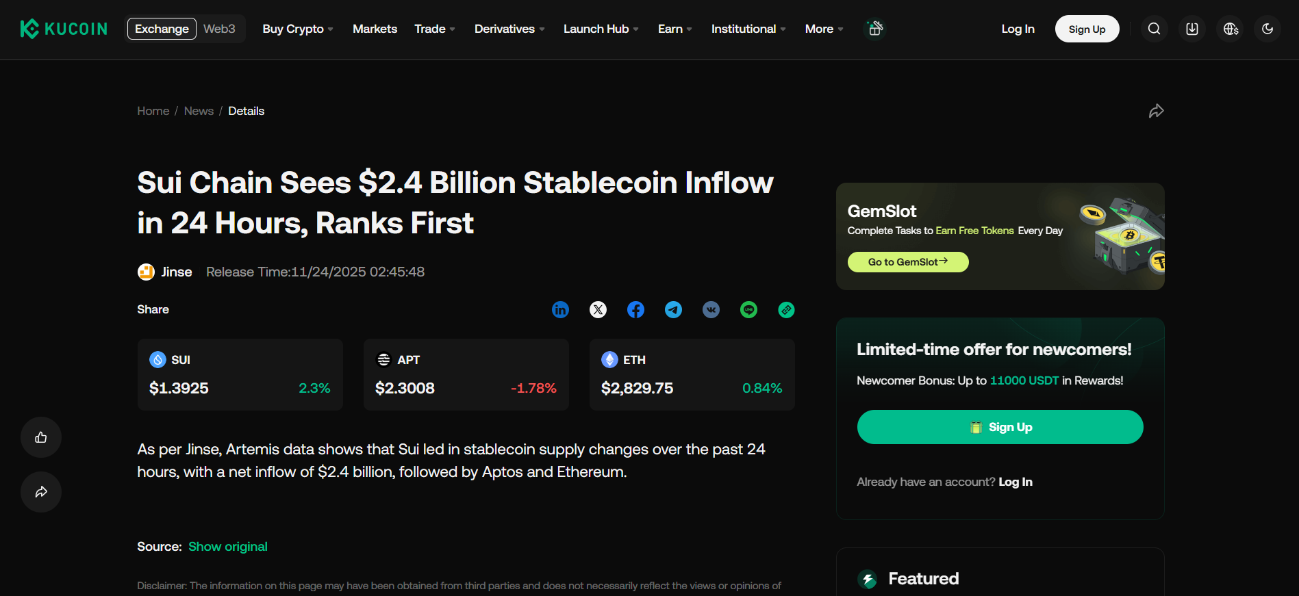 Sui Blockchain's $2.4B Stablecoin Inflow