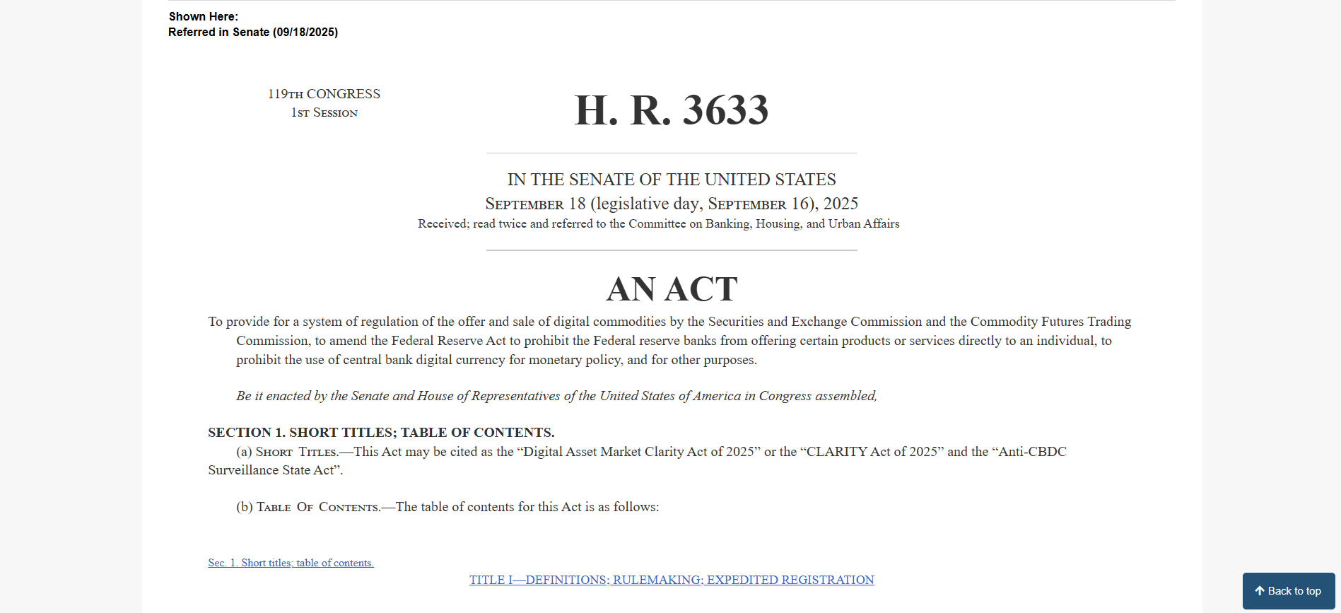 Digital Asset Market Clarity Act (CLARITY Act)