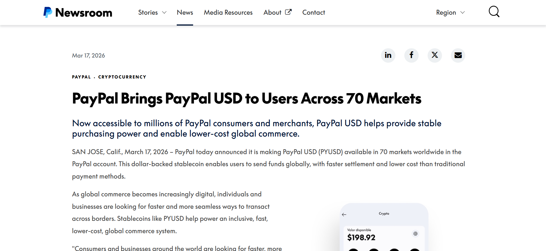 PayPal Expands PYUSD Stablecoin Availability to 70 Global Markets